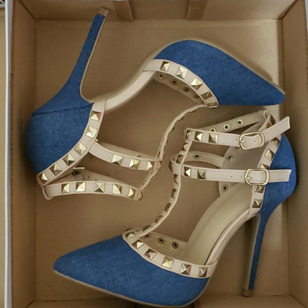 WILD DIVA LOUNGE ADORA DENIM STUDDED T-STRAP HEEL